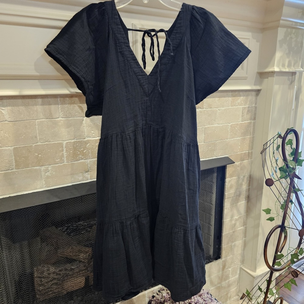 Old Navy Women's XL Dress Black Tiered Boho Peasant Cottagecore Double V Neck